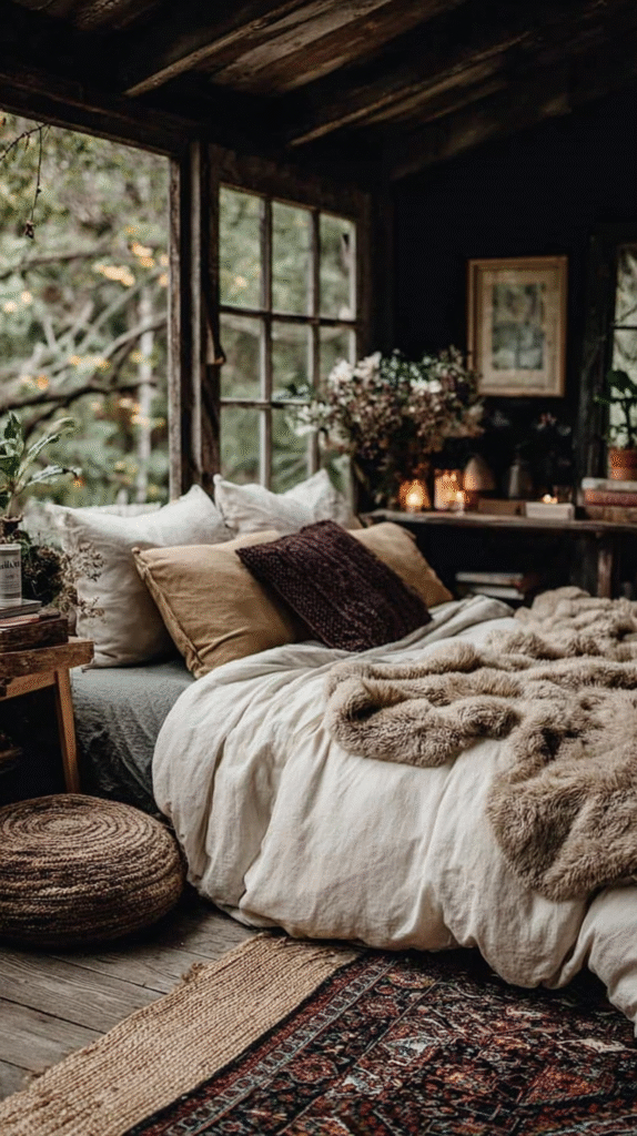 dark-boho-refresh-ideas-layered-rugs Cozy rustic bedroom with plush bedding, candles, and plants, offering a serene and inviting atmosphere.