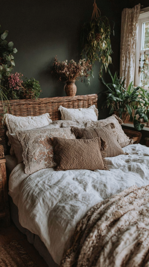 dark-boho-refresh-ideas-walls Cozy bedroom with rustic wicker headboard, textured pillows, and lush plants for a natural, inviting atmosphere.