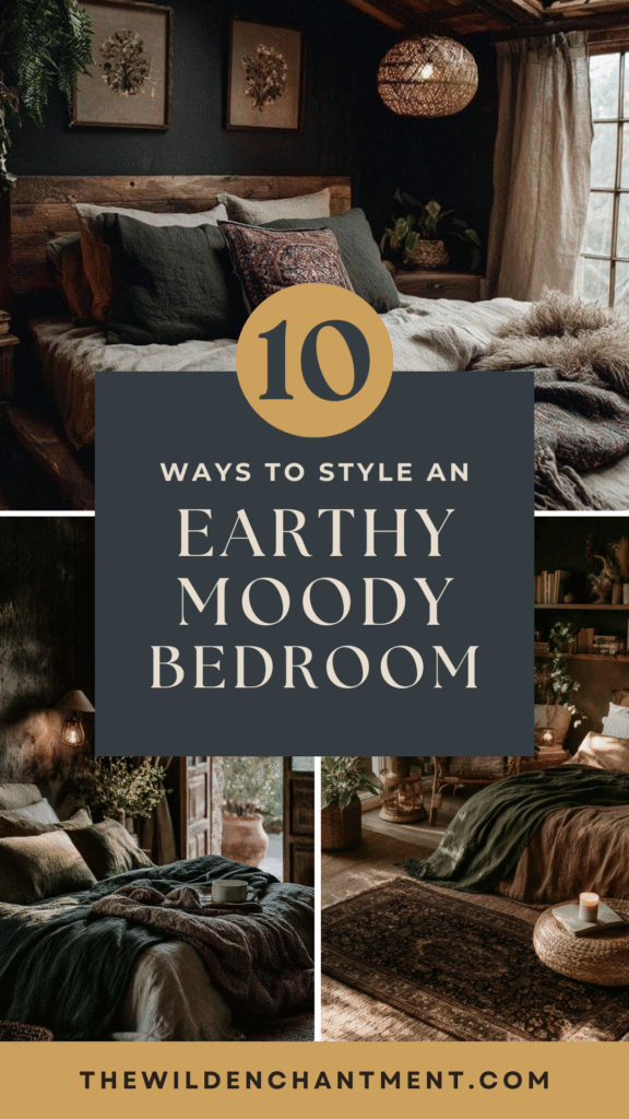 10 ways to style an earthy, moody bedroom with rustic decor and natural elements for a cozy atmosphere.