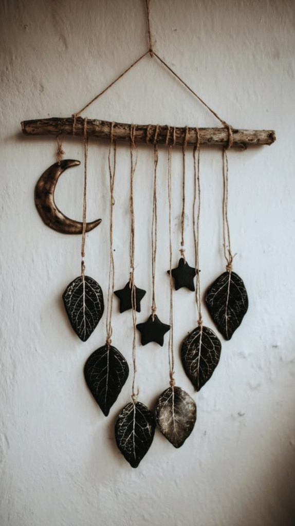 diy-nature-crafts-clay-hanging Rustic wall hanging with black leaves, stars, and crescent moon on strings for bohemian decor.