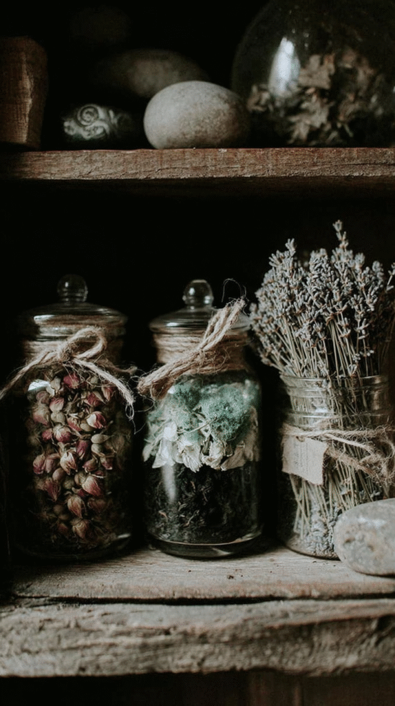 diy-nature-crafts-herb-jars Glass jars with dried herbs and flowers on a rustic wooden shelf, creating a vintage apothecary look.