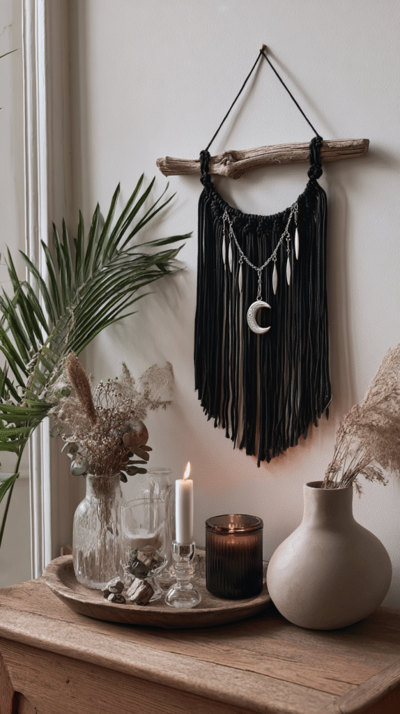 diy-nature-crafts-macrame Boho wall decor with black macramé, crescent moon charm, candles, and plants on a wooden shelf. Cozy home accents.