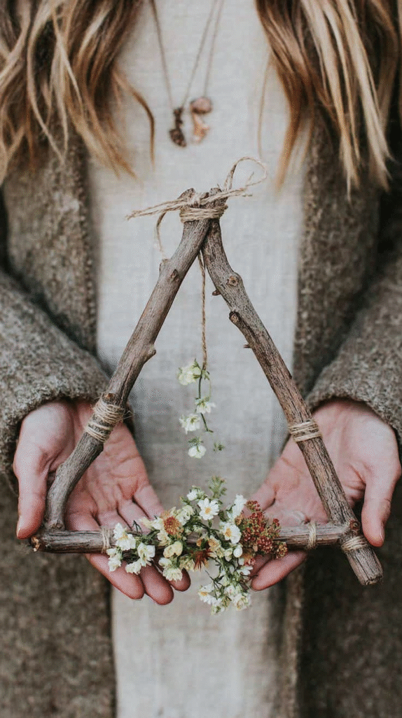 diy-nature-crafts-twig-charm Hands holding a triangular twig frame adorned with small flowers, showcasing rustic and natural decor.