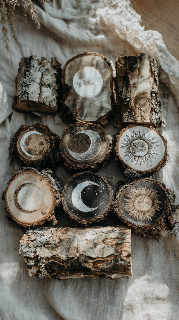 diy-nature-crafts-wood-slice Wood slices with sun and moon designs arranged on linen fabric. Rustic decor concept.