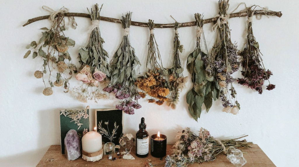 Dried flowers and candles on rustic table, creating a cozy, bohemian decor atmosphere.