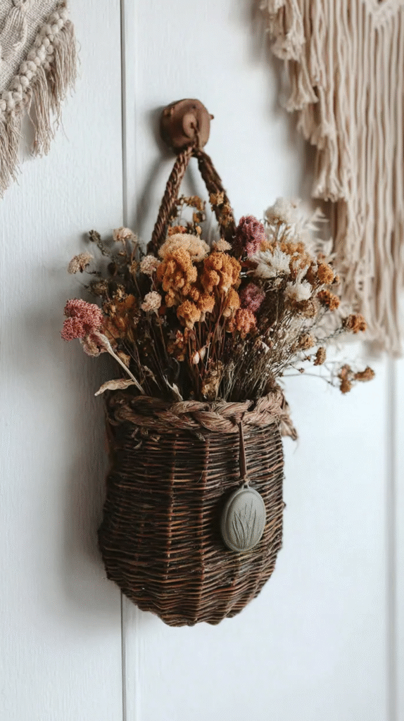 Woven wall basket with dried flowers, featuring earthy tones and rustic decor elements.