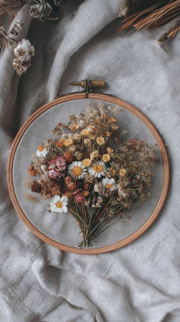 Embroidery hoop with colorful dried flowers on linen fabric background, creating a rustic and artistic display.