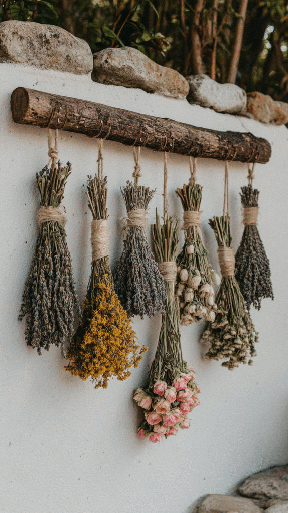 Hanging bundles of dried flowers on rustic wooden rod against a white wall, creating a vintage decor vibe.
