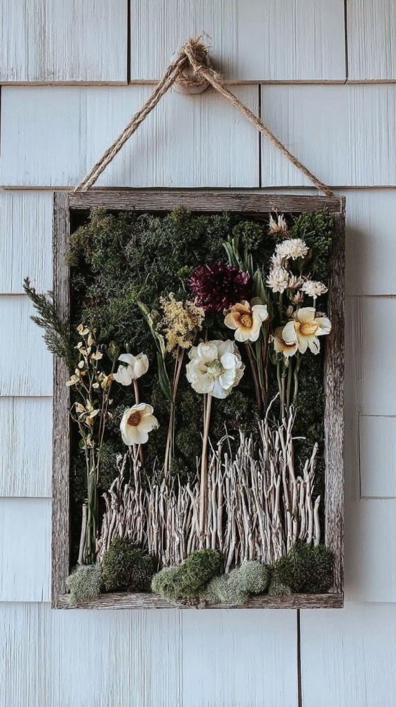 Rustic wall art with dried flowers and moss in a wooden frame, hanging on a light wooden wall.