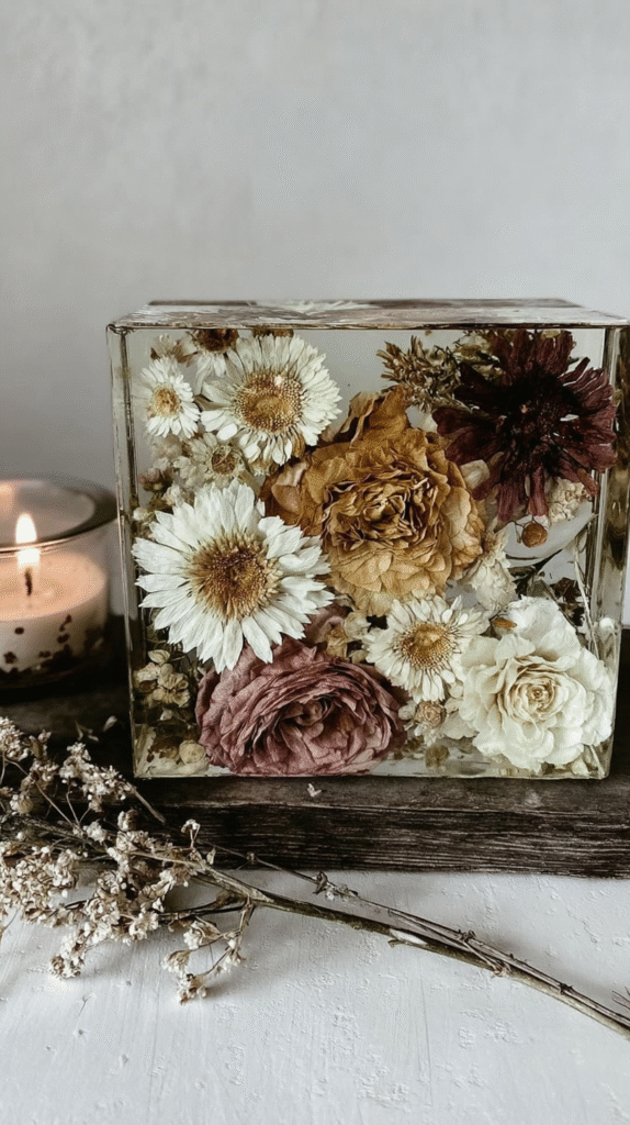 Dried flowers encased in a clear resin block, with a lit candle and sprigs on a rustic wooden surface.