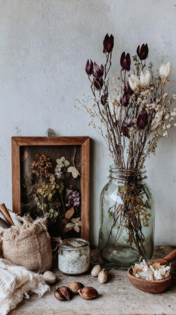 Rustic decor with dried flowers in a jar, framed botanicals, and natural accents on a wooden table.