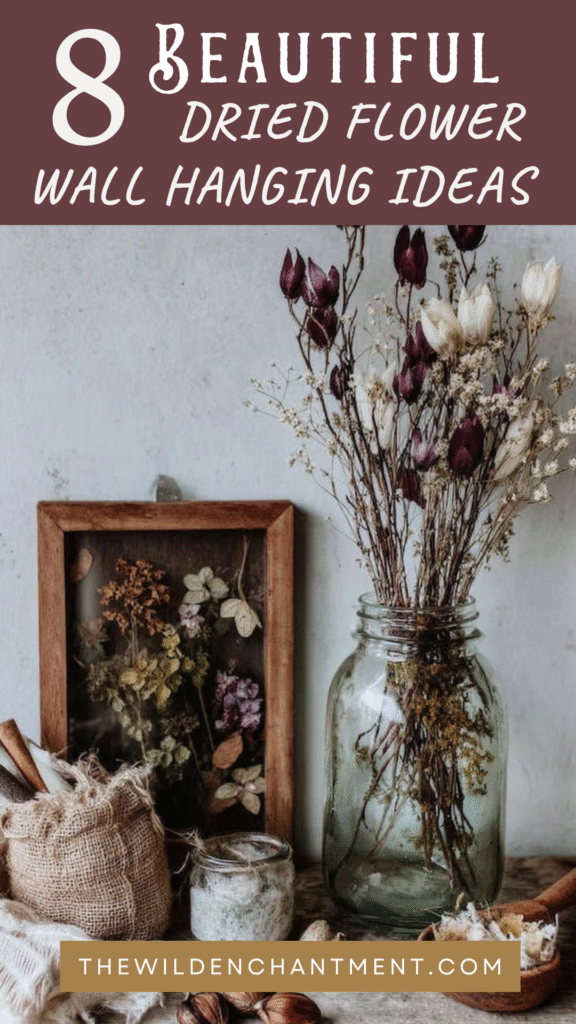 Dried flower wall hanging ideas with jars and frames for rustic home decor inspiration.
