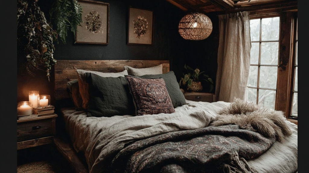 Cozy rustic bedroom with wooden accents, soft pillows, and warm candlelight, creating a tranquil and inviting atmosphere.