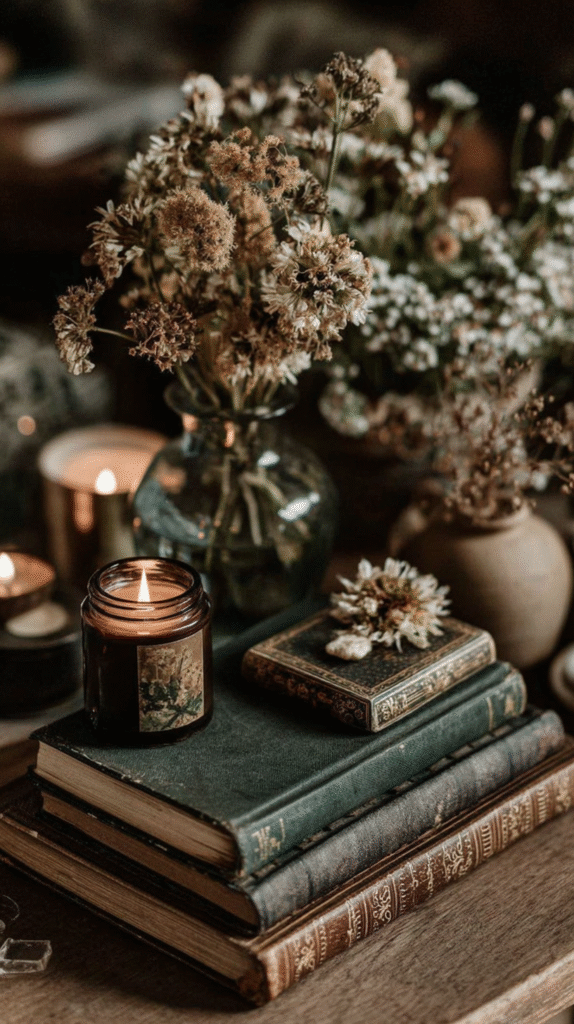 Vintage books and a candle with dried flowers in a vase create a cozy, rustic atmosphere on a wooden table.