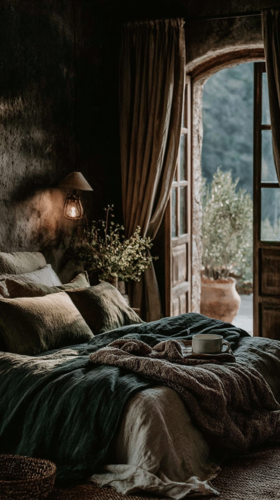 Cozy rustic bedroom with a sunlit window, sheer curtains, and floral decorations.