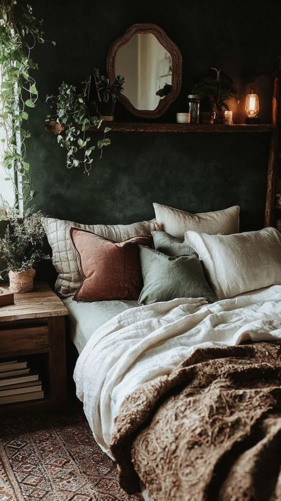 Cozy bedroom with lush plants, textured bedding, and a rustic wooden shelf creating a warm and inviting atmosphere.