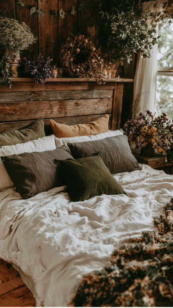 Cozy rustic bedroom with fluffy pillows, wooden headboard, and lush greenery. Perfect for tranquil retreat vibes.