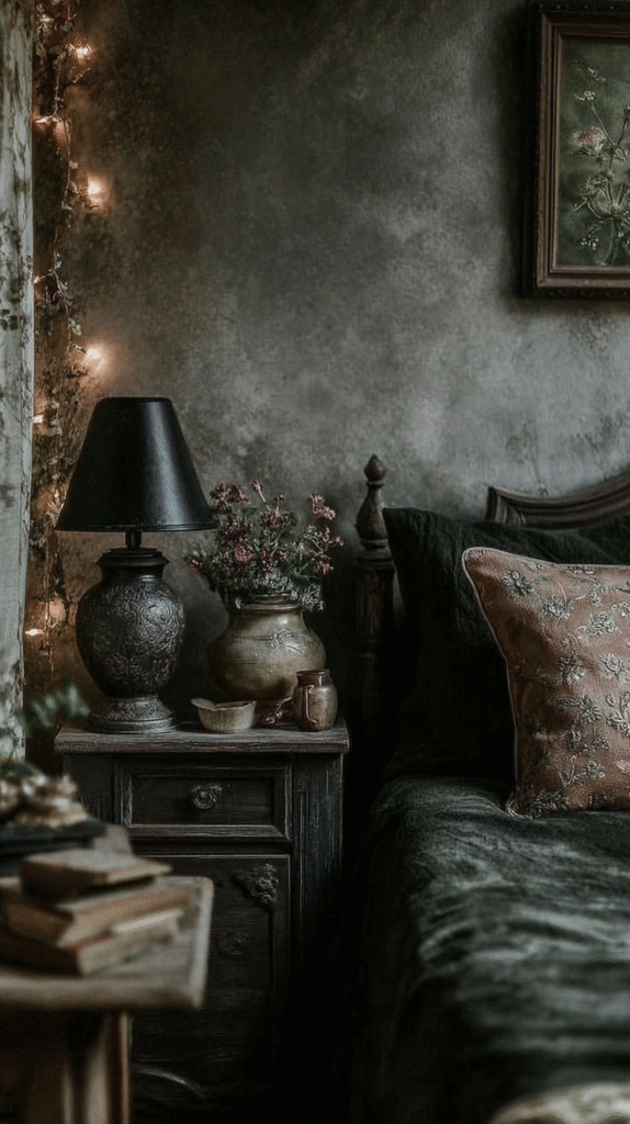 Cozy bedroom with vintage lamp, floral pillow, and string lights on textured wall. Warm and inviting ambiance.