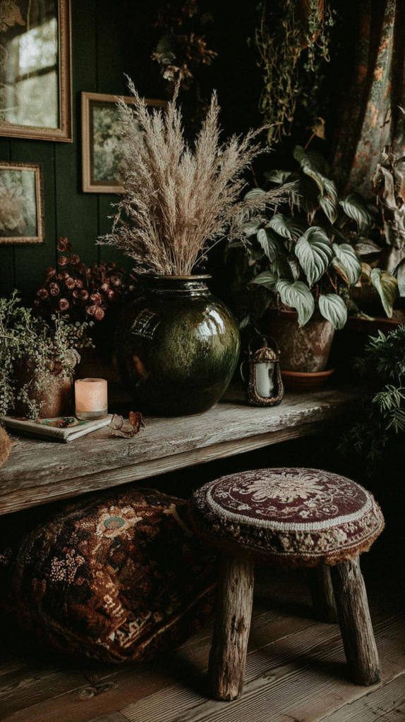 Rustic arrangement with tall grass in a ceramic vase on a wooden stool, surrounded by lush greenery indoors.