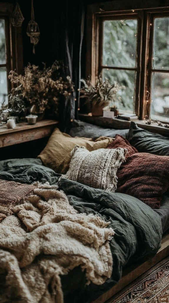 Cozy farmhouse bedroom with rustic decor, textured blankets, and pillows by a window with plants and natural light.