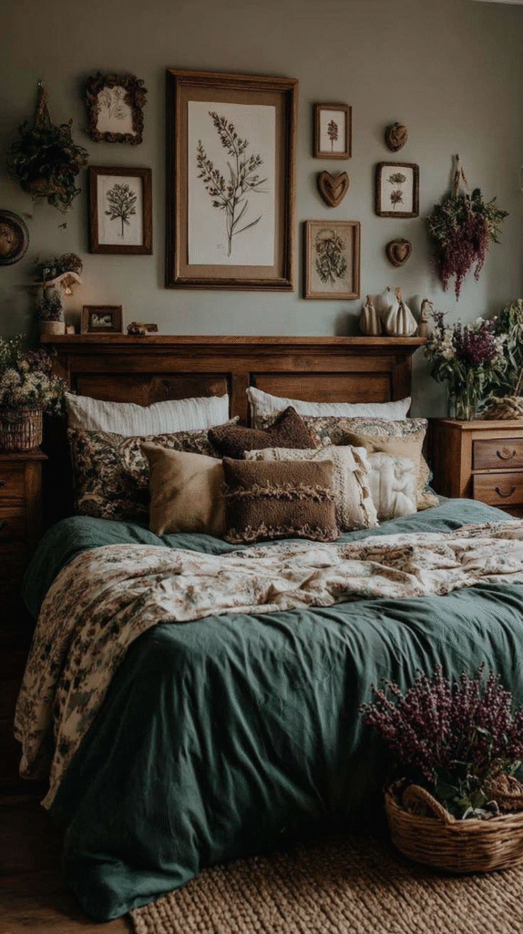 Cozy rustic bedroom with wooden bed, floral bedding, and botanical wall art for warm, inviting ambiance.