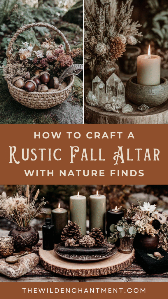 Rustic fall altar with candles, crystals, acorns, and nature finds for crafting an enchanting seasonal display.