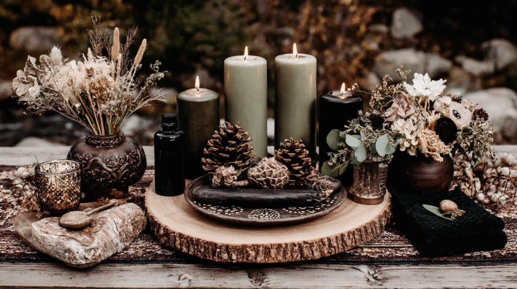 Rustic table setting with candles, pinecones, dried flowers, and decorative vases in an autumnal outdoors scene.