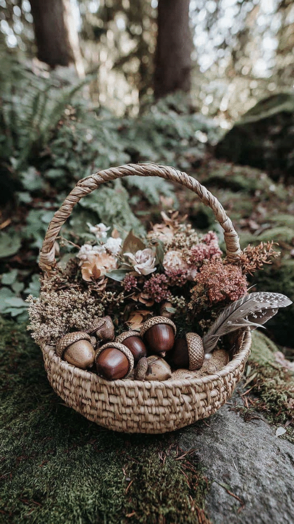 Basket with acorns, flowers, and a feather on a mossy forest floor, evoking cozy autumn vibes.