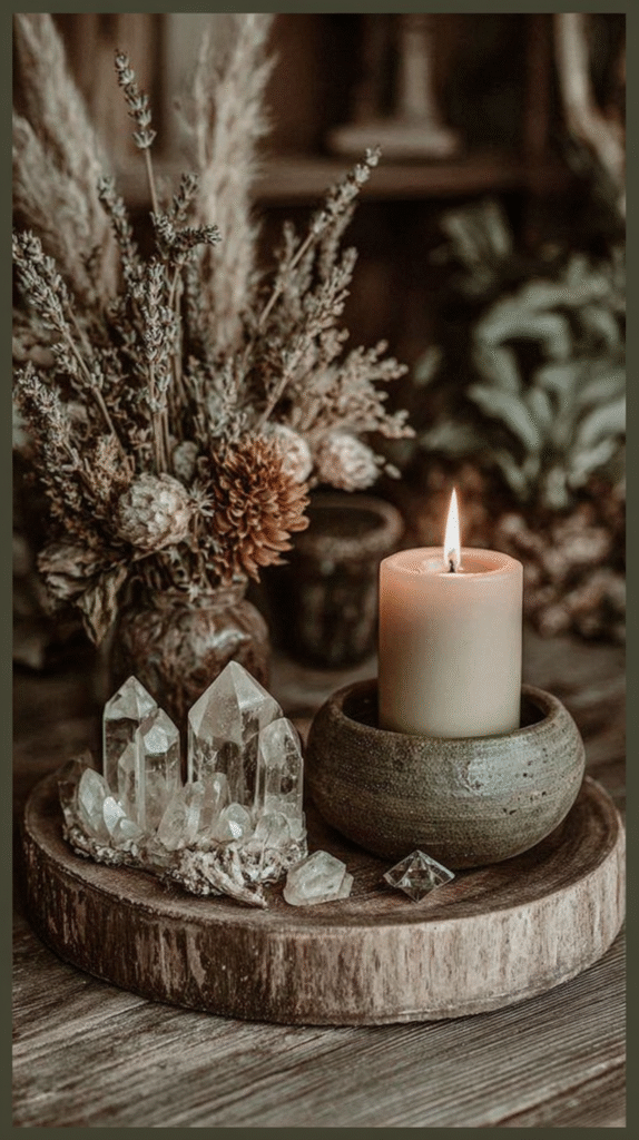 Cozy candlelit scene with crystals and dried flowers on a rustic wooden table setting.