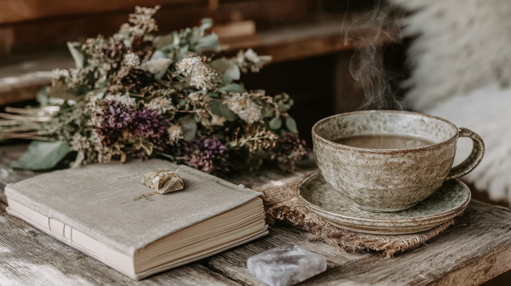 Rustic tea setup with steaming cup, open book, and dried flowers on wooden table. Cozy and relaxing mood.