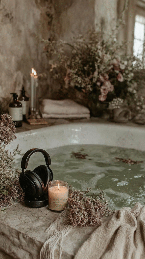 Cozy bath scene with headphones, candle, flowers, and towels, creating a relaxing spa ambiance.
