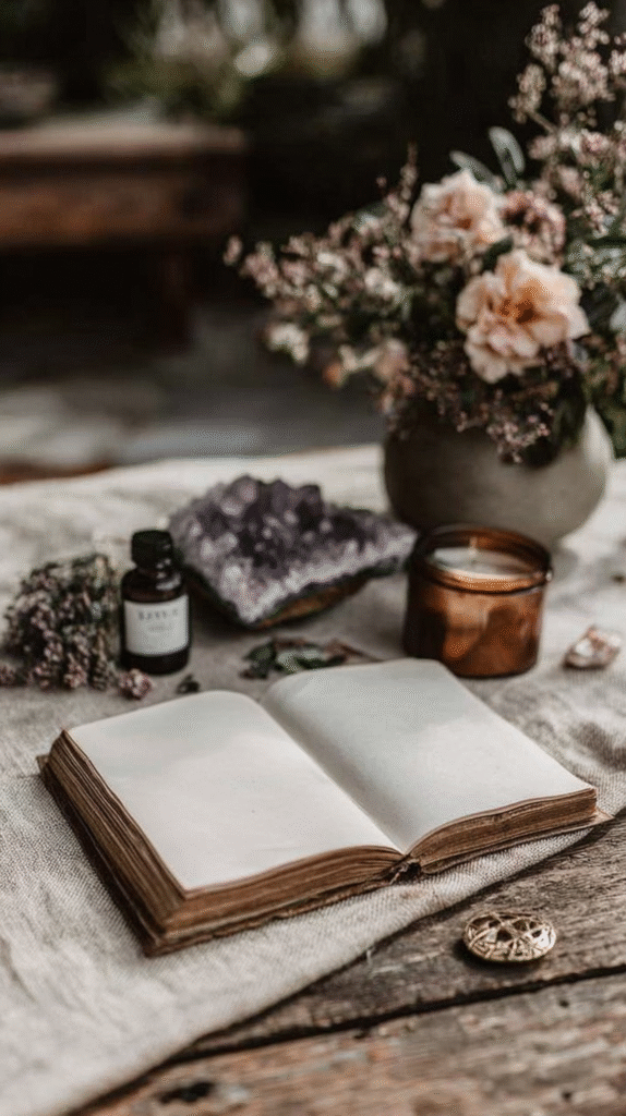 Open book with flowers, candle, and amethyst on a rustic table setting; cozy and calming atmosphere.