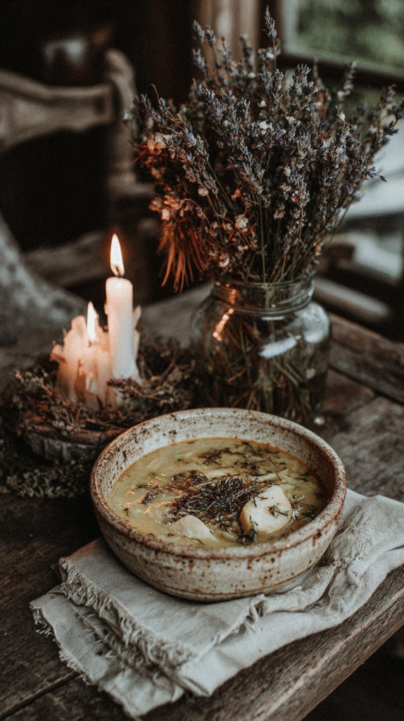 Rustic bowl of soup with herbal garnish next to lit candles and lavender on a wooden table. Cozy and warm ambiance.