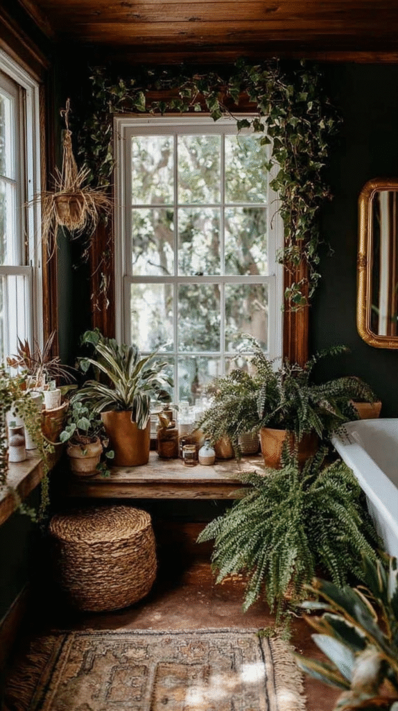 Cozy bathroom with lush green plants, natural light, and wooden accents, creating a peaceful, nature-inspired retreat.