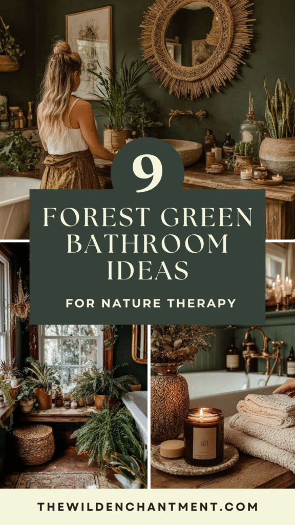 Forest green bathroom ideas with plants and rustic decor for a calming nature-inspired space.