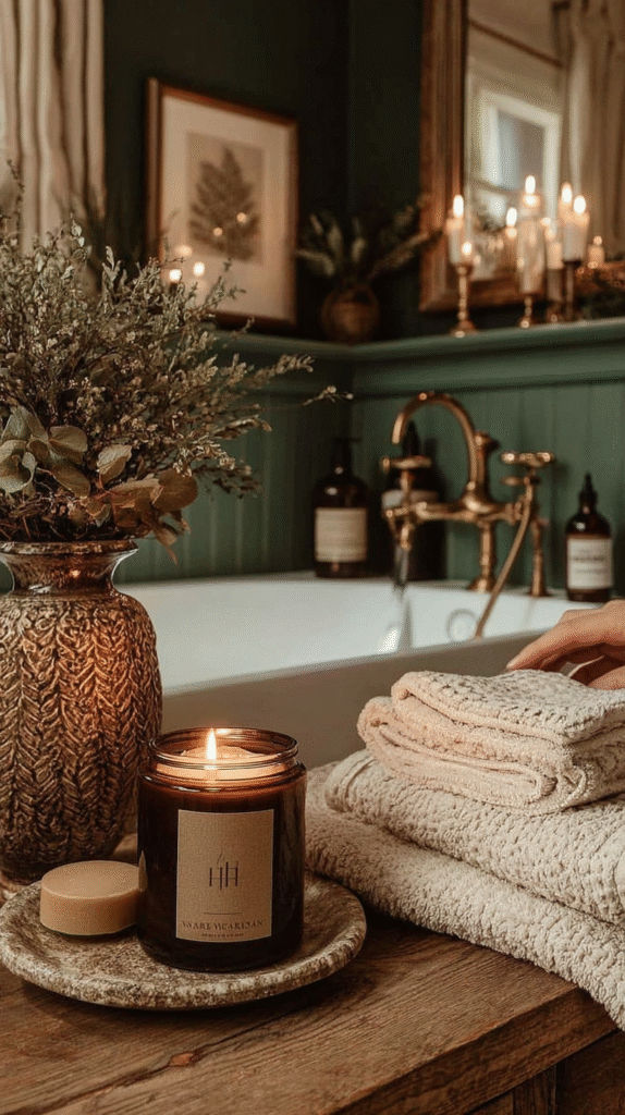 Cozy bathroom decor with a lit candle, folded towels, and a floral vase. Relaxing atmosphere with warm lighting.