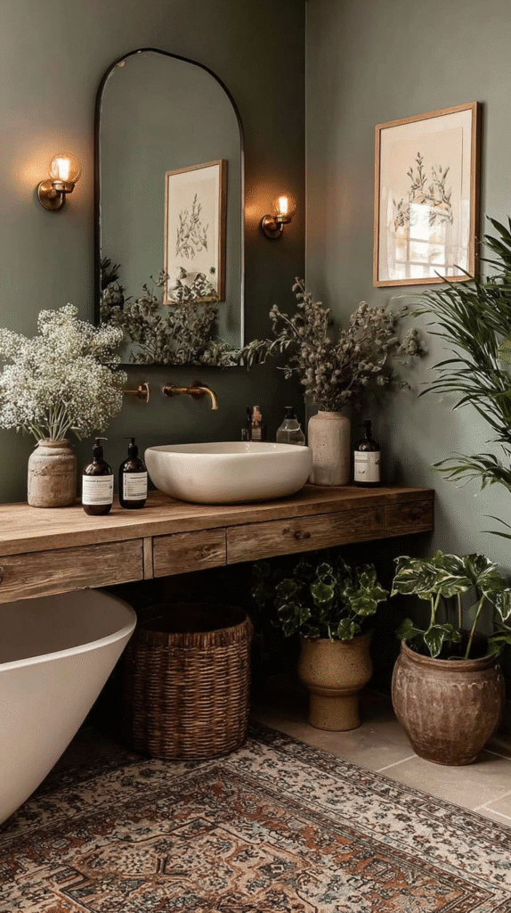 Stylish bathroom with plants, rustic wooden vanity, round sink, and elegant decor under warm lighting.