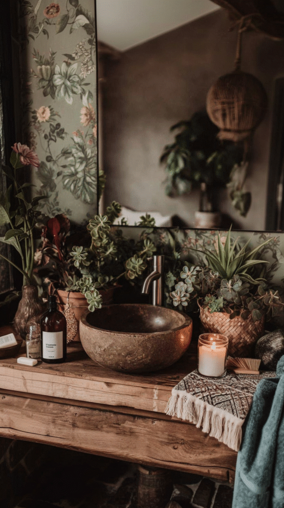 Rustic bathroom decor with wooden sink, green plants, floral wallpaper, and a lit candle on a wooden table.