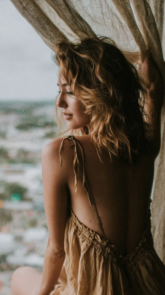Woman in a backless dress near window, gazing outside, with curly hair and serene expression.