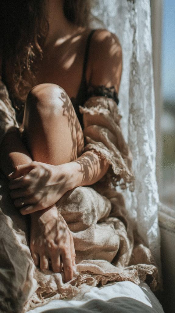 Woman wrapped in lace fabric sits by sunny window, shadows cast delicately on skin for a serene, cozy atmosphere.