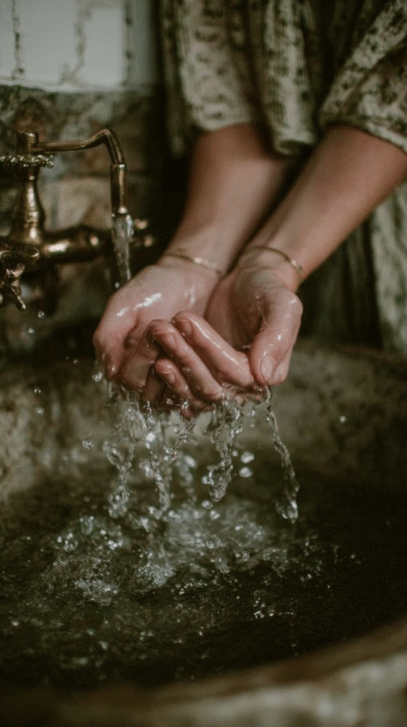 Vintage faucet with hands catching flowing water in stone sink, promoting handwashing and sustainability.