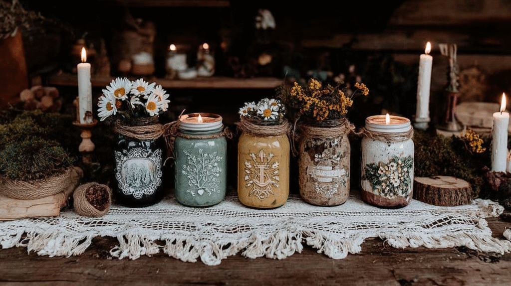 Rustic candles and flowers in decorative jars on a wooden table with lace, creating a cozy and vintage ambiance.