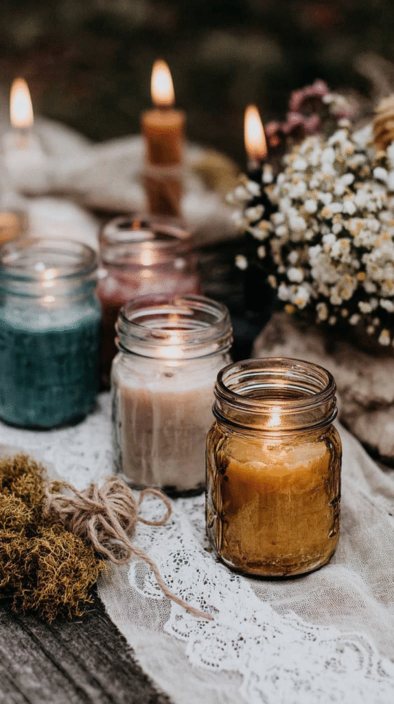Rustic mason jar candles on lace cloth with flowers, creating a cozy, warm ambiance.