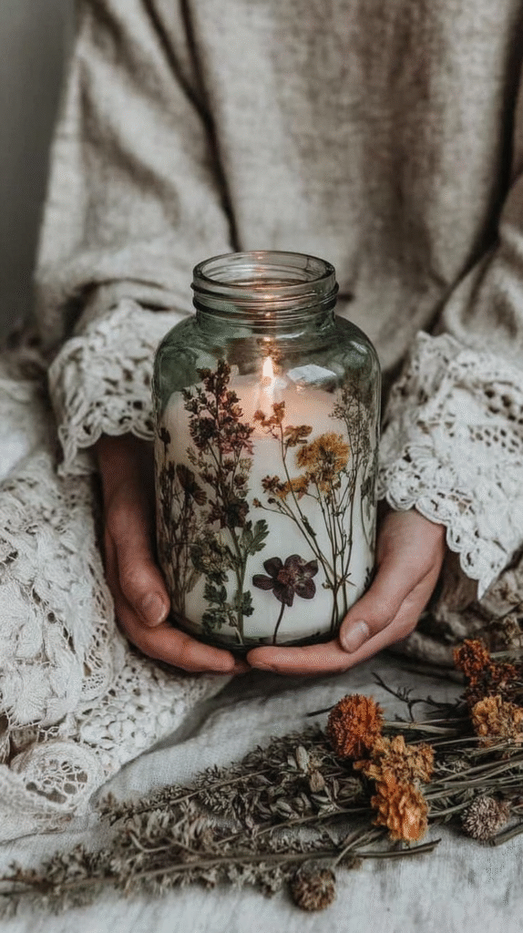 Cozy ambiance with lit candle in glass jar adorned with pressed flowers, held by person in lace-trimmed clothing.