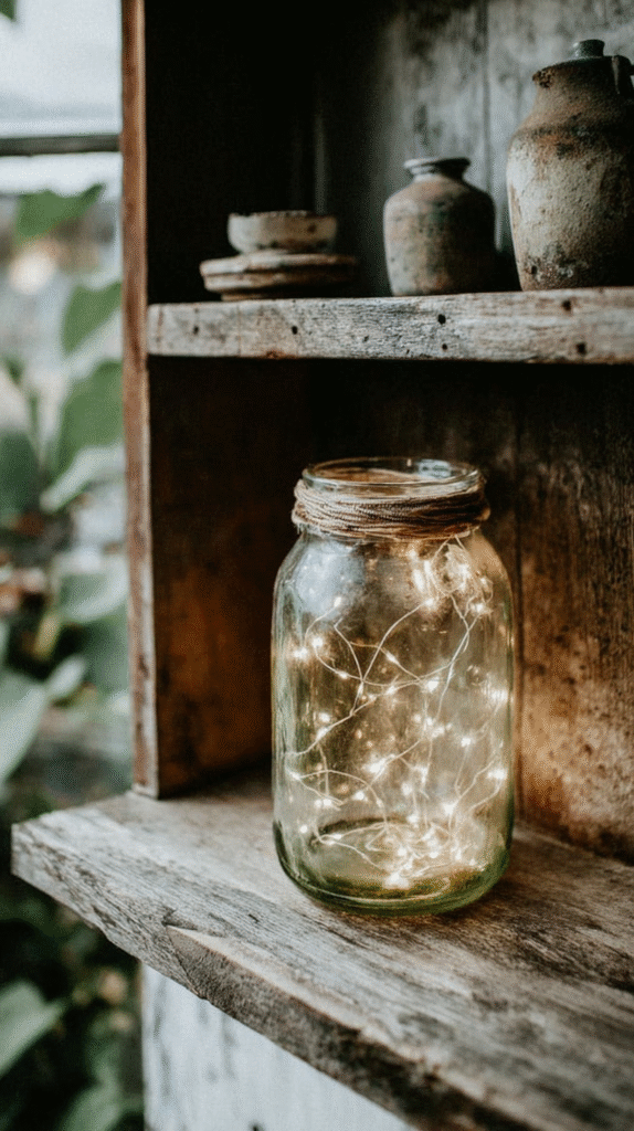 Rustic jar with fairy lights on a wooden shelf, surrounded by vintage ceramic items, creating a cozy ambiance.