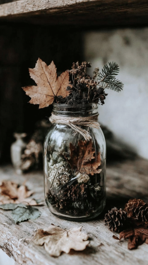 Rustic autumn decor with leaves and pine cones in a glass jar on a wooden shelf. Perfect for seasonal home inspiration.