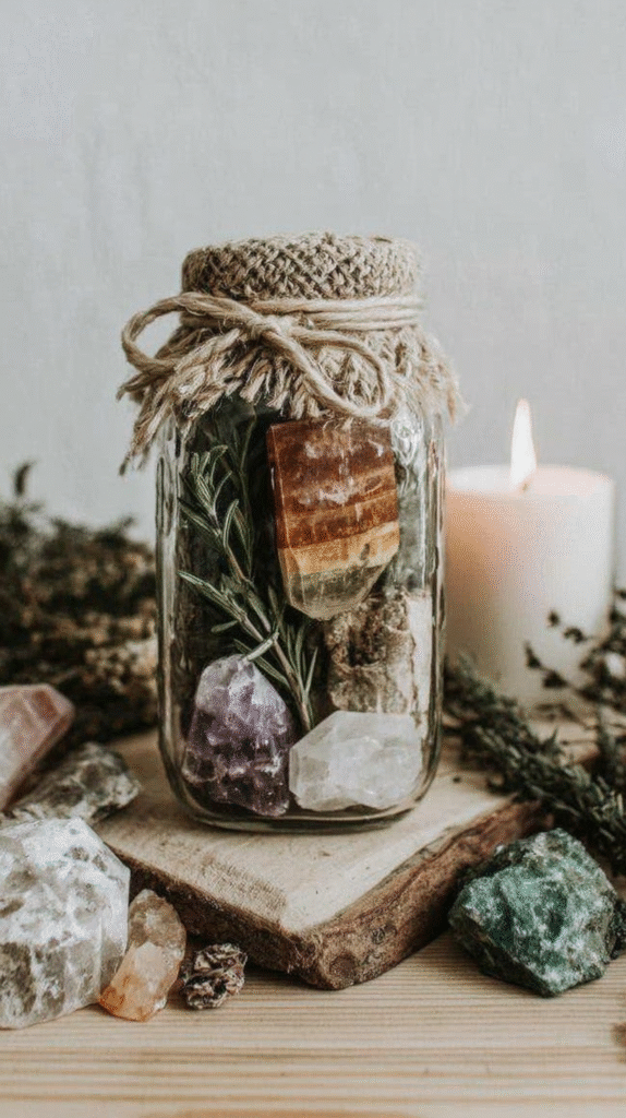 Jar filled with crystals and herbs beside a lit candle, creating a serene and earthy ambiance on wooden surface.