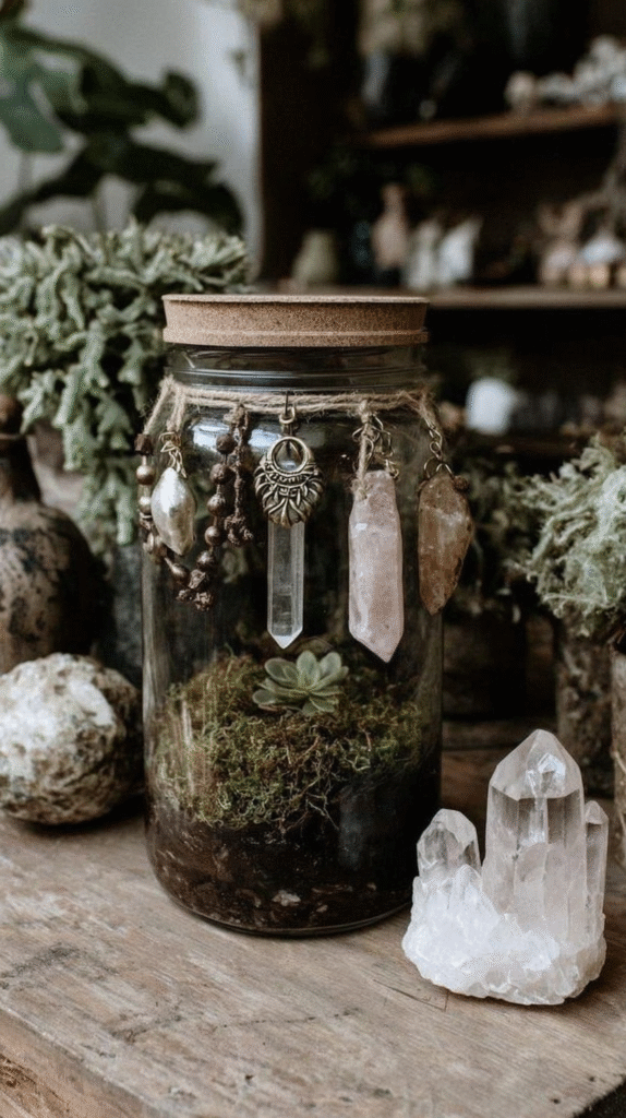 Glass jar terrarium with crystals and moss on wooden table, surrounded by greenery and stones for a rustic decor vibe.