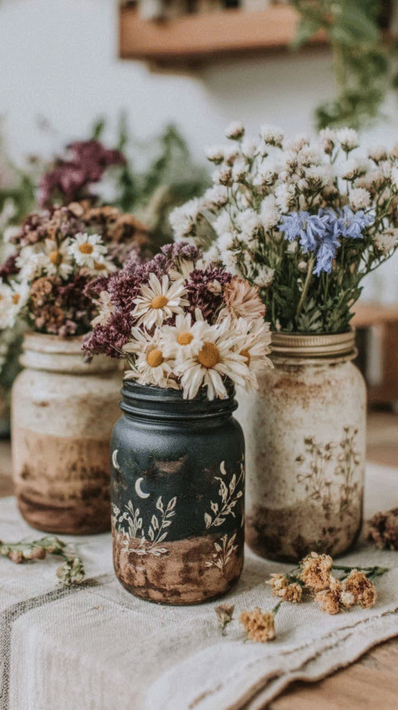 Rustic jars filled with daisies and wildflowers, creating a charming, vintage floral arrangement.