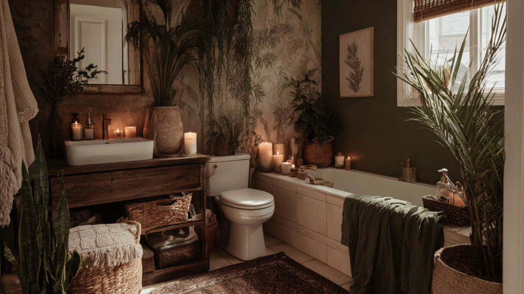 Cozy bathroom with green accents, plants, and candles, creating a serene, spa-like ambiance.